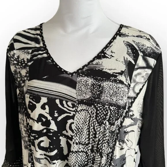 Mirror Image Black White Flowy Handkerchief Tunic Blouse 3/4 sleeves Large - Picture 2 of 4